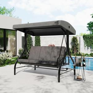 3-Seat Outdoor Porch Swing with Adjustable Canopy, Patio Swing Chair with Stand, 800 Lbs Heavy Duty Steel Frame, Reclines to 180° Swing Bed, Cup Holder Trays, Cushions & Pillows for Garden, Grey