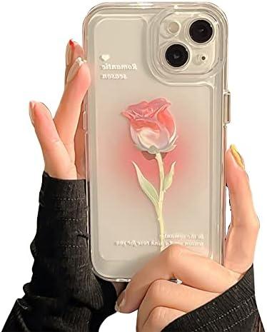 Casechics Compatible with iPhone Case,Cute Tulip Rose Flower Flower Camera Lens Protection Clear Soft Shockproof Cover Phone Case for Women Girls (Pink,iPhone 15 Plus)