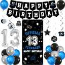 Vlipoeasn Happy 13th Birthday Decoration for Boys Girls, Black Blue Official Teenager Backdrop Banner, Cake Topper, Hanging Swirls, 13 Year Old Birthday Party Decor Supplies