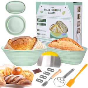 Neddie Silicone Banneton Bread Proofing Baskets, 9 Inch Round & 10 Inch Oval Foldable Sourdough Baking Basket, Complete Set for Bread Making With Essential Tools, Easy to Clean and Storage (Green)