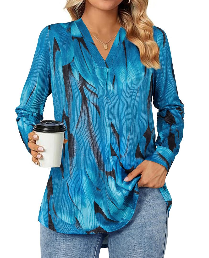 Tops for Women V Neck Blouse Pleated Front Loose Fitting Tunic Top Dressy Casual Fall Clothes 2025 Size M