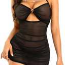 RSLOVE Women’s Lingerie Mesh Babydoll Dress - Pleated Chemise Nightgown with Adjustable Halter Neck & Chain Detail M