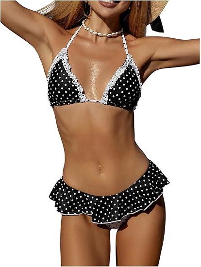 WDIRARA Women's Polka Dots Bikini Sets Ruffle Triangle 2 Piece Swimsuit Tie Backless Bathing Suit, S