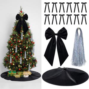 Gejoy Velvet Christmas Ornaments Set-12 Velvet Bows, 1 Christmas Tree Skirt, 1 Large Tree Topper Bow, 5000 Strands Silver Tinsel Icicles for Xmas Trees Wreaths Fireplace Gifts Decor(Black)