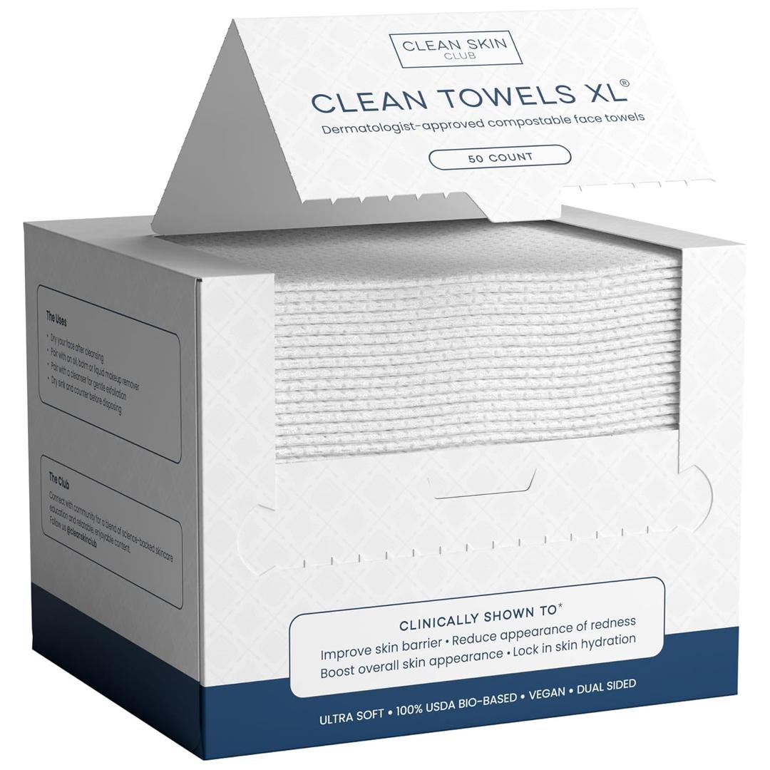 Clean Skin Club Clean Towels XL, 100% USDA Biobased Face Towel, Disposable Face Towelette, Eczema Association Accepted, Makeup Remover Dry Wipes, Ultra Soft, 50 Ct, 1 Pack