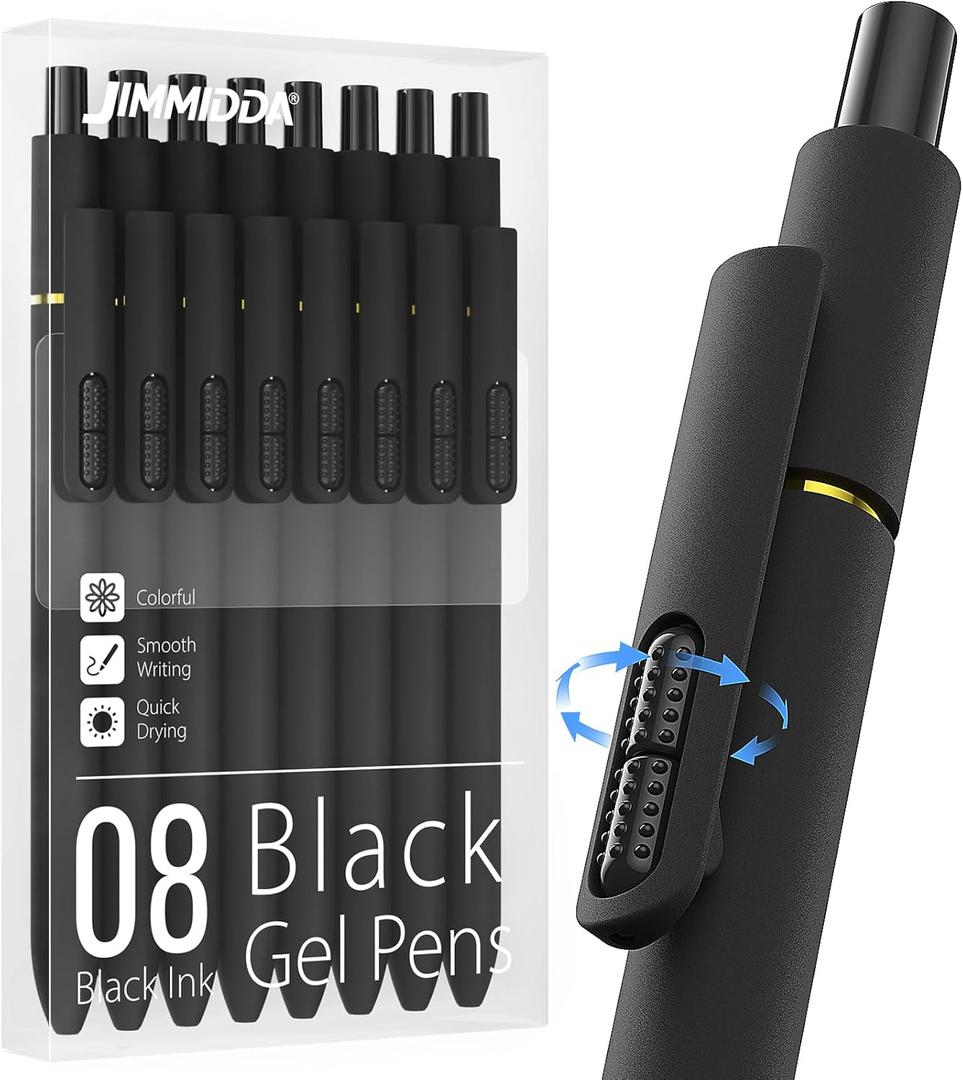 8Pcs Black Gel Pens - 0.7mm Medium Point Black Ink Pens | Smooth Writing - Quick Drying Retractable Pen for Men Women (Black - 8Pcs)