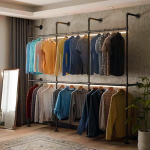 Industrial Pipe Black Clothing Racks Wall Mounted, Rustic Industrial Pipe Clothes Rack Design - Stylish & Heavy Duty Corner Garment Racks, Perfect for Home or Retail Display, Size: 6Rod-111.8"W