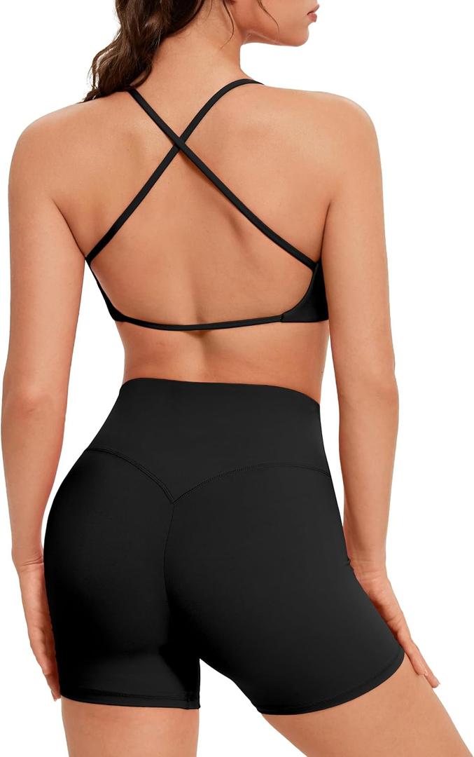 OMKAGI Workout Sets for Women Open Back Strappy Sports Bra Booty Biker Shorts Gym Outfits (Large, Black)
