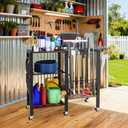 Dobures Garden Tool Organizer with Lockable Wheels, Heavy Duty Yard Tool Storage Rack for Shovels and Rakes, 3 Tier Lawn Care Utility Holder with hooks for Garage, Shed, Yard and Laundry Room