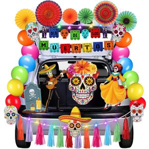 WinnerWhy 100 Pcs Halloween Trunk or Treat Car Decoration Kit, Halloween Car Decorations, Halloween Decor for SUV with Banner Fan Balloon Tassel Light String Sticker for Dia De Muertos Archway Garage