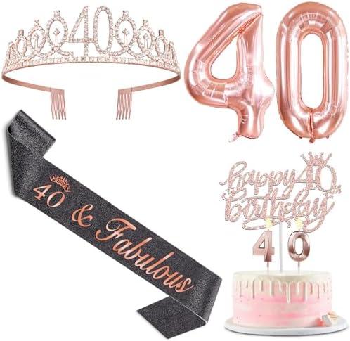 40th Birthday Decorations Women with Black 40th Birthday Sash, Cake Topper and Candles, Number Balloons Rose Gold, 40 Year Old Gifts for Women