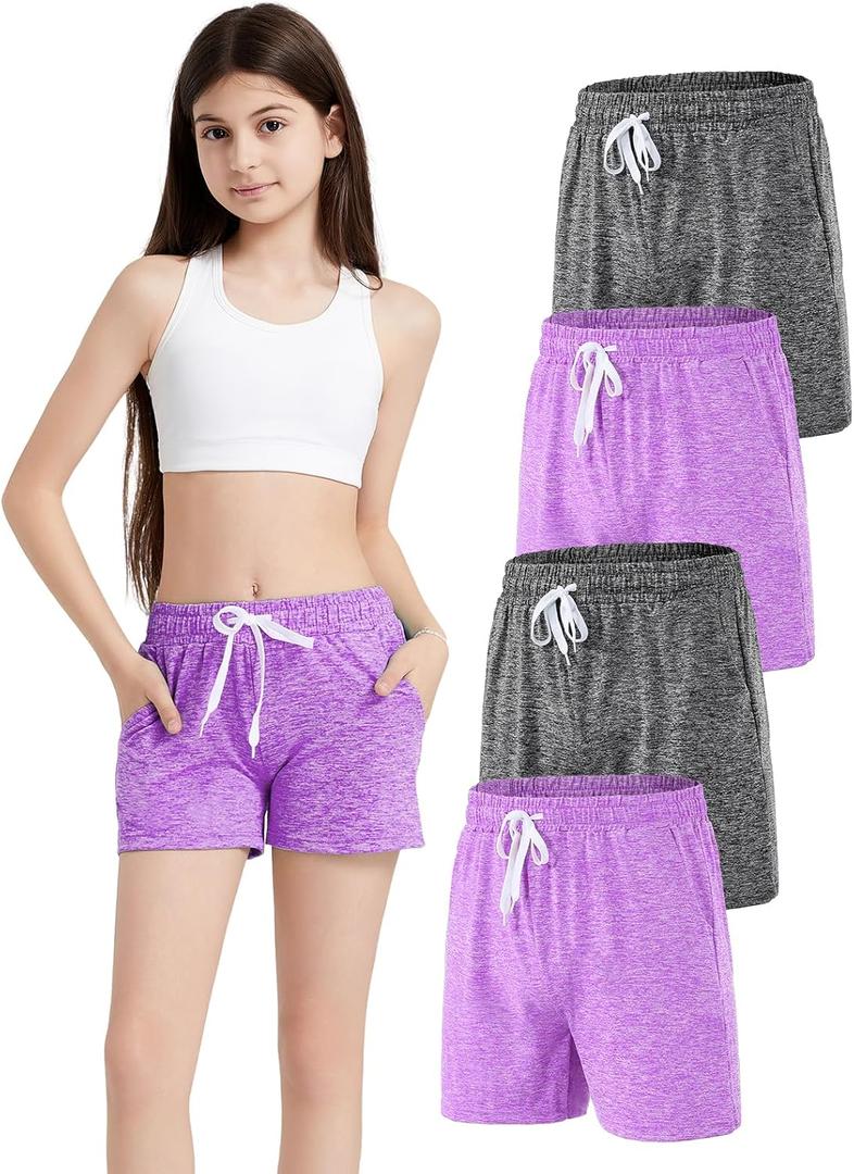 4 Pack Girls Athletic Shorts Dry-Fit Basketball Shorts with Pockets,Girls Running Shorts for Kids Gym Soccer (S)