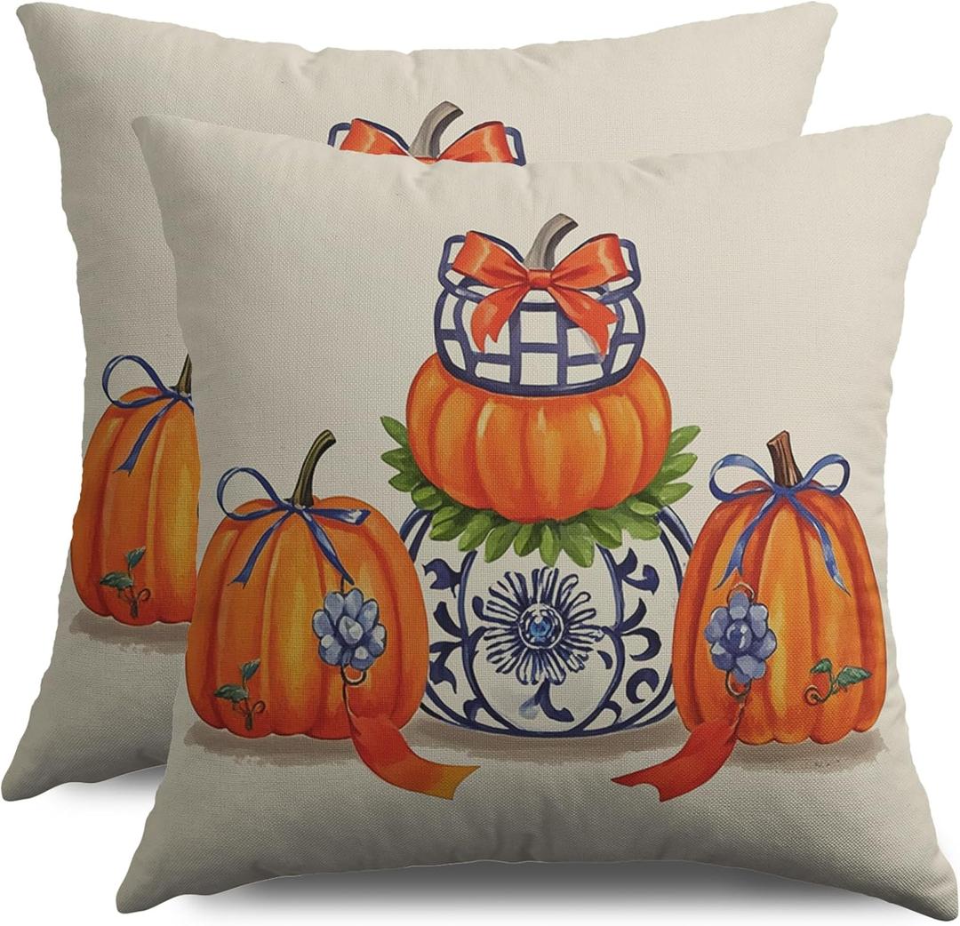 Blue Orange Fall Thanksgiving Pillow Covers 18X18 Set of 2, Autumn Pumpkin Print Chinoiserie Decorative Throw Pillow Covers Outdoor Farmhouse Seasonal Cushion Cases Couch Sofa Bed Decor