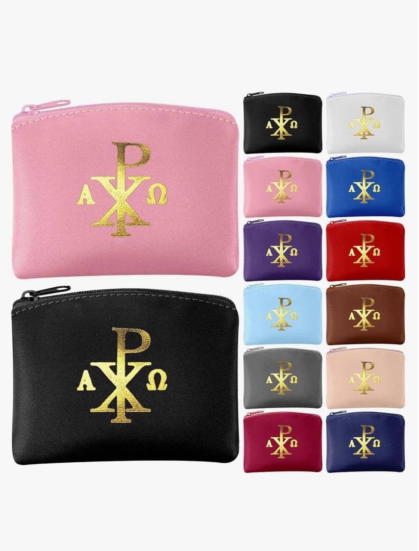 12 Pcs Rosary Pouch Catholic with Gold Cross PU Leather Rosary Case for Women and Men Coin Purses Holder Zipper Bag for Travel Christmas, 12 Colors(Chi Rho)
