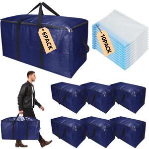 Heavy-Duty Extra Large Moving Bags with Zippers,Extra Large Storage Bag Set Heavy Duty Moving Totes Dual-Way Carrying Design,College Dorm,Christmas Storage Bag(Blue,6 Moving bag & 10 Vacuum Seal Bags)