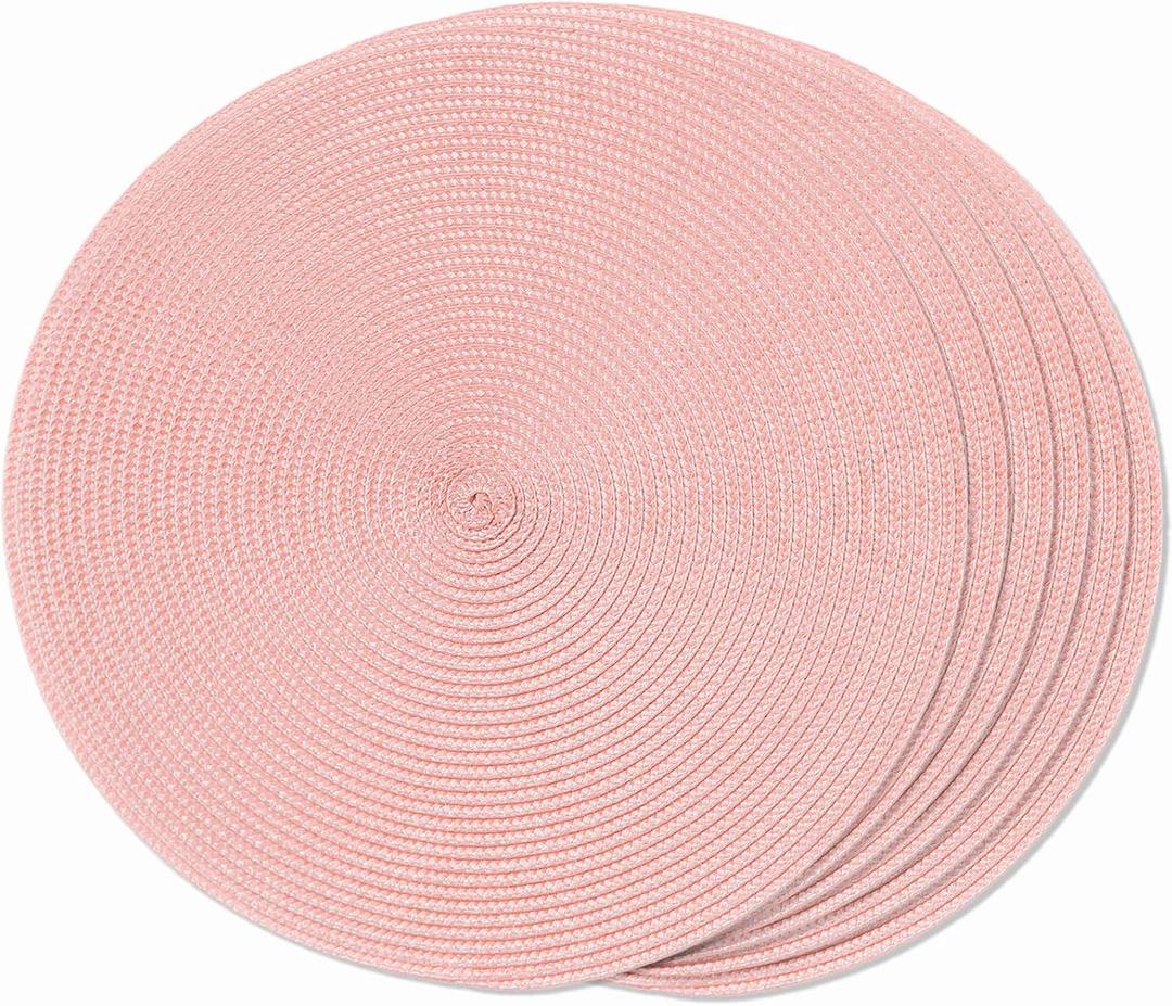 FunWheat Round Braided Placemats Set of 6 Place Mats for Dining Tables Woven Washable Non-Slip Table mats 15 inch(Pink, 6pcs)
