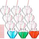 10 oz Valentine's Day Heart Shaped Cups with Lids and Straws Plastic Heart Drink Bottle Clear Plastic Tumblers Clear Drinking Cocktail Cups for Valentine's Day Birthday Party (12 Pcs)
