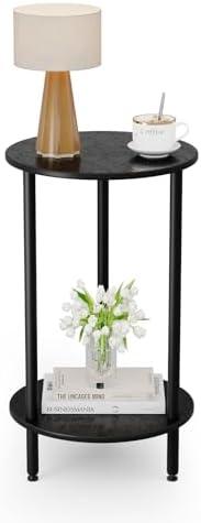 BITYODD Small Round Side Table, Black Round End Table with Storage, 2-Tier Modern Accent/Bedside Table for Living Room, Bedroom-Black