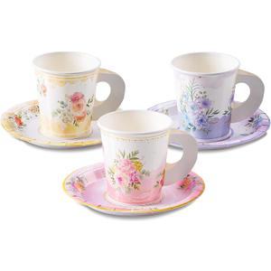 HOMIX 24 Paper Tea Cups and Plates, 7 OZ Disposable Paper Teacups and Saucer Sets for Hot and Cold Drinks for Birthday, Princess, Floral, Tea Party Decorations