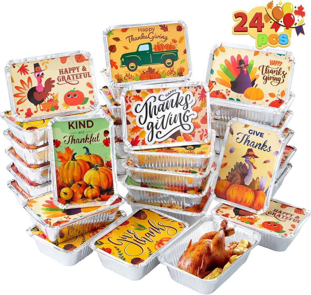 JOYIN 24Pcs Thanksgiving Leftover Containers with Lids, Fall Festive To Go Food Containers, Thanksgiving Tin Foil Containers for Party Leftovers & To-Go Meals, Thanksgiving Party Disposable Containers (Pumpkin Brown)
