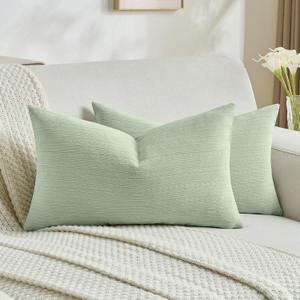 FUTEI Pack of 2 Solid Chenille Throw Pillow Covers 12x20 Inch Soft Cozy Wheat Ear Striped Textured Decorative Lumbar Pillowcases Modern Farmhouse Accent for Couch Bed Living Room, Sage Green