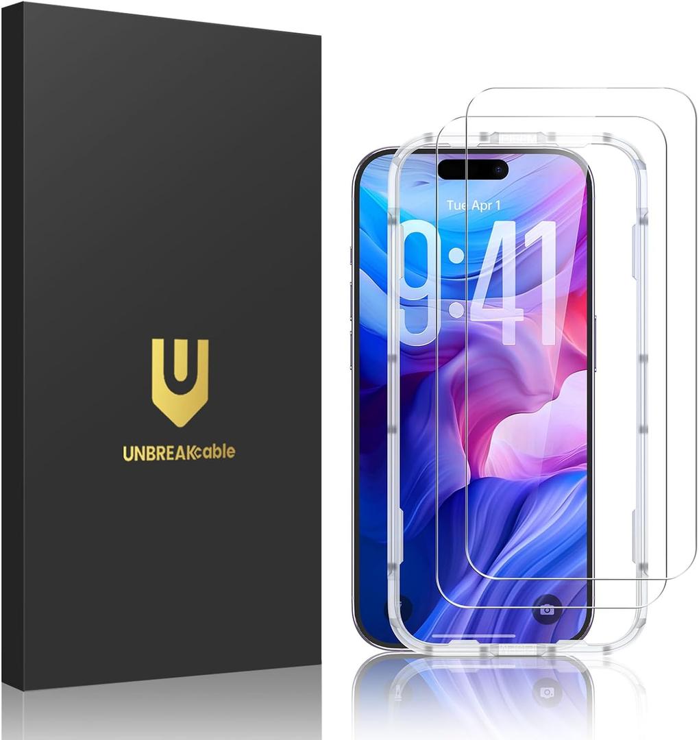 UNBREAKcable 2-Pack Screen Protector for iPhone 17, Military-Grade Shatterproof Tempered Glass [9H+ Hardness] [Easy Installation Frame] [99.99% HD Clear] for Apple iPhone 17