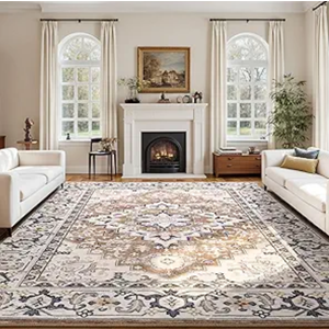 Lessymo 8 x 10 Area Rugs for Living Room- Machine Washable Area Rugs Boho Faux Wool Low Pile Area Rug for Bedroom, Floral Medallion Vintage Rugs with Non-Slip Rubber, Kid & Pet Friendly, Brown Beige 