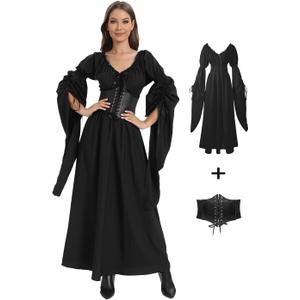 Halloween Renaissance Witch Dress for Women, Victorian Vintage Medieval Pirate Peasant Gothic Fairy Cosplay Costumes (X-Large, Black)
