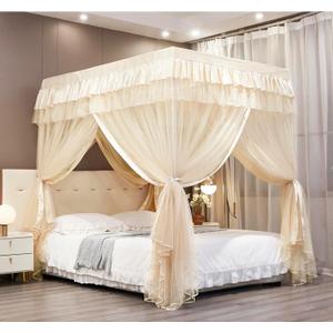 Mengersi Canopy Bed Curtains Full Sizes,Bed Canopy for Girls Royal Luxurious Cozy Bed Drapes Girls Room Decor(Ivory,Full)
