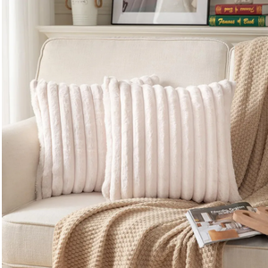 DEELAND Pack of 2,Double-Sided Faux Fur Plush Decorative Throw Pillow Covers Fuzzy Striped Soft Pillowcase Cushion Covers for Sofa Couch Bedroom Beige 22x22 inch