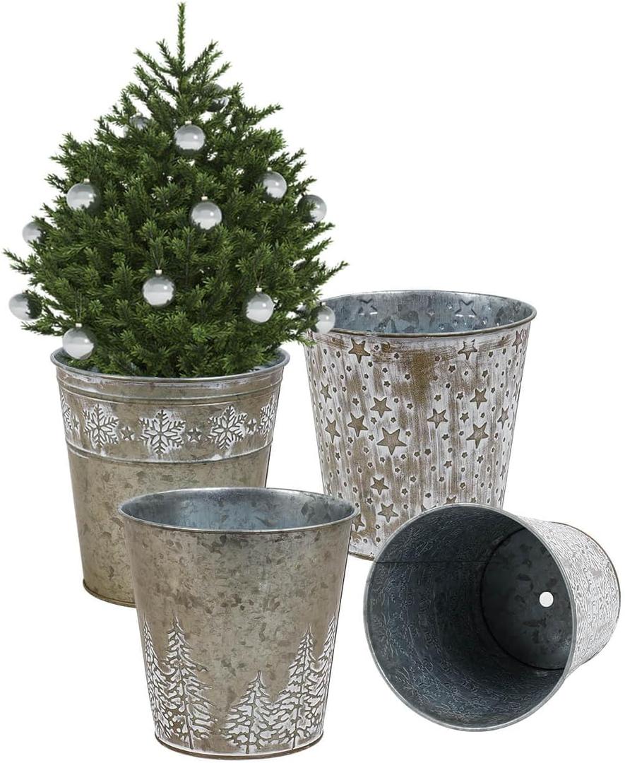 Christmas Gold Galvanized Metal Buckets - 4Pcs Rustic Farmhouse Tin Planters Pot with Drain Hole and Plug Xmas Gift Vintage Flower Pot for Party Table Centerpieces Outdoor Garden Home Decor, 6 Inch