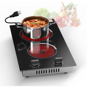 2 Burner Electric Cooktop - 110v Countertop and Built-in Electric Stove 2000W, 12 Inch Ceramic Stove with Residual Heat Indicator, Over-Temperature Protection, Knob Control, 110-120V Plug in