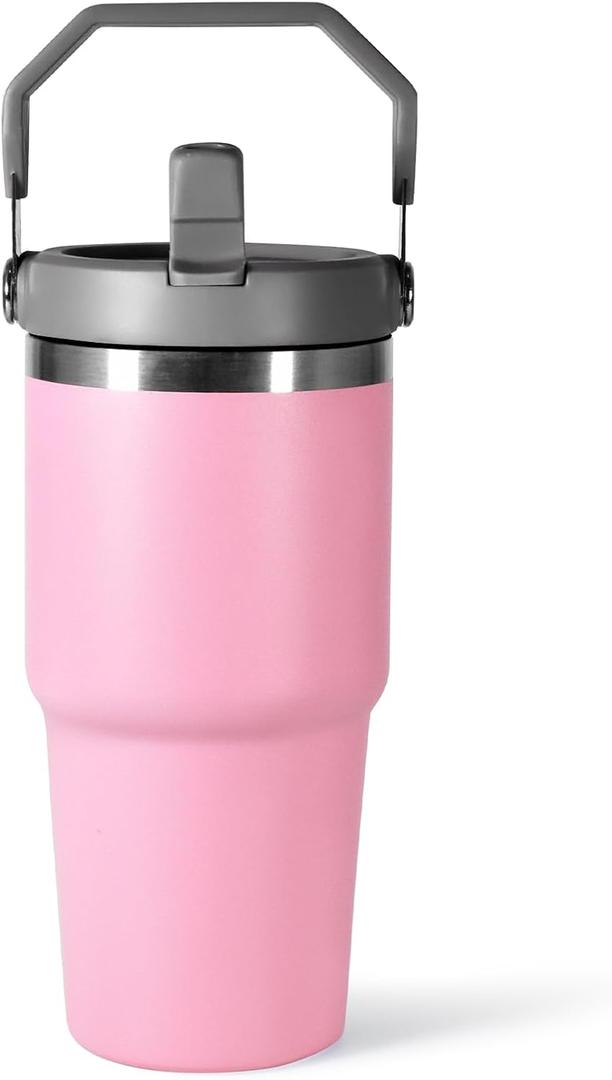 20 oz Tumbler with Handle, Insulated Tumbler with Lid and Flip Straw Leak Proof Double Wall Stainless Steel Vacuum Travel Coffee Mug Insulated Water Bottle Thermal Cup, Cupholder Friendly, Pink