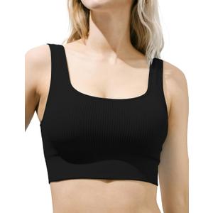 SIXIM Womens U Back Waffle Sports Bra - Scoop Neck Padded Low Impact Yoga Bra Workout Crop Top with Built in Bra (Black) M 