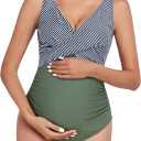 SUMMERSUNSHINE Maternity One Piece Swimwear Front Cross Pregnancy Swimsuit Bathing Suit Maternity Bikini (X-Large, Stripes Army Green)