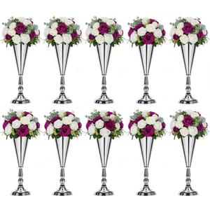 Metal Wedding Flower Vases for Tables: Set of 10 Silver Trumpet Vases, Elegant Candlestick Holders Flower Stands for Wedding Road Leading Christmas Event Birthday Party Home Decorations