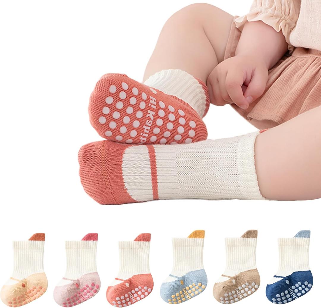 Baby Toddler Non-Skid Crew Socks Non Slip Socks Girl Boy Newborn Infant First Walking Floor Socks 6 Pairs (0-12 Months, Shoe-like)