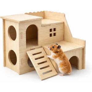 kcrygogo Tiny Hamster Maze Wood House Fun Slide House Double-Decker Hut for Dwarf Gerbil Mouse Mice Rat Small Animals(Only for Small Hamster)