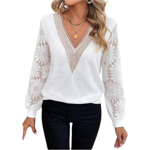 BEAUDRM Women's Floral Lace Blouses Long Sleeve V-Neck Autumn Work Shirt Office Shirt Tops (S)