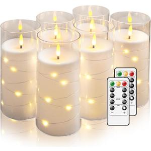 Hinabichan Flickering Flameless Candles with Remote Timer, 6pcs LED Battery Operated Candles with Embedded String Lights White, D3 H6
