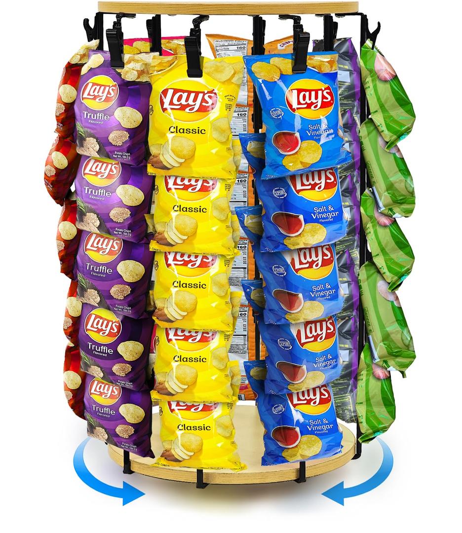 Chip Rack Display Stand, 5 Tiers 40 Clips Display Stand, 360Rotating Wooden Base Chip Bag Holder Candy Display for Concession Stand Countertop, Party, Retail, Snack Organizer for Office Desk
