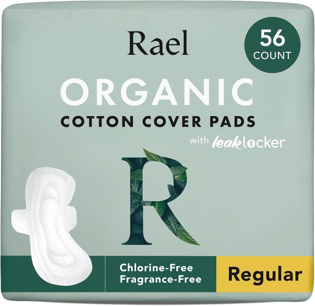 Rael Organic Cotton Cover Pads - Regular Absorbency, Unscented, Ultra Thin Pads with Wings for Women (56 Total) (56 Count (Pack of 1))