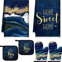 Bencailor 6 Pcs Marble Kitchen Decor Gold Pot Holders Oven Mitts 2 Dish Towels 1 Farmhouse Cooking Mittens Oven Glove and Potholder for Baking Cooking Grilling Supply Accessories(Blue)