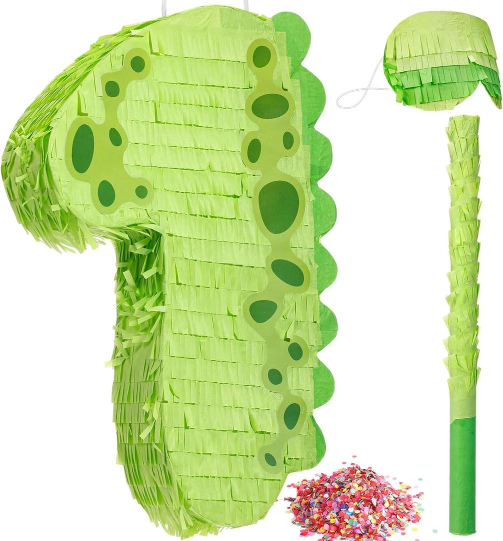 Poen 16 Inch Dinosaur Piata Number 1 2 3 4 5 6 7 8 9 for Kids Birthday Party Cute Dino Piata with Blindfold Stick and Confetti for Boys Girls Dinosaur Birthday Animal Theme Baby Shower Decor(1)