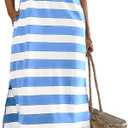 Mieazom Women's Striped Summer Dress Casual Lapel Collared V Neck Sleeveless Side Slit Midi Dresses Loose Fit with Pockets (Blue, XL)