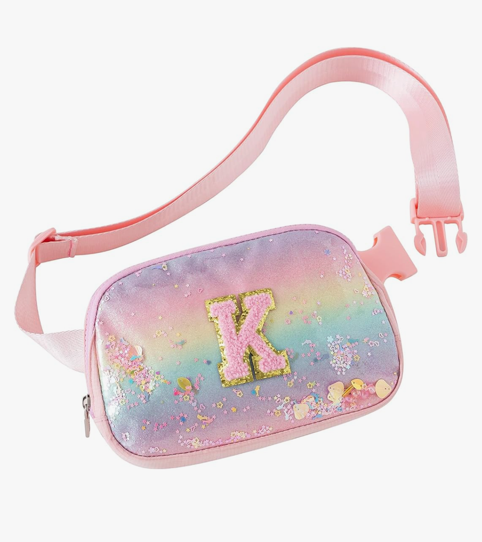 Fanny Pack for Girls,Birthday Easter Gifts,Chenille Initial Letter Girls Crossbody Bag,Preppy Teen Belt Bag for Graduation Travel Gifts,Cute Sequin Trendy Stuff. (K, Pink)