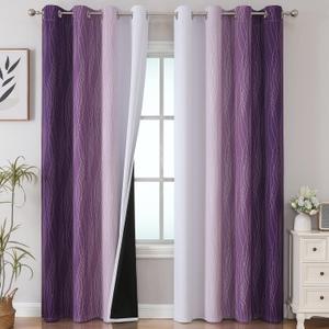 Estelar Textiler Purple and Greyish White Ombre Blackout Curtains 84 Inches Long, Full Room Darkening Grommet Curtains for Bedroom, Thermal Insulated Blackout Drapes for Living Room, 52Wx84L, 2 Panels