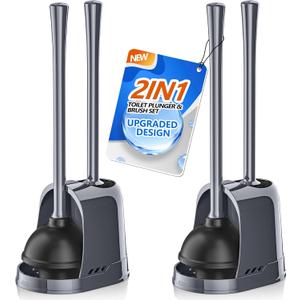 Toilet Plunger and Brush,2 Pack Bowl Brush and Heavy Duty Toilet Plunger Set with Ventilated Holder, 2-in-1 Toilet Brush and Plunger Combo for 5.3-inch Toilet Drain Bathroom Cleaning (Gray)