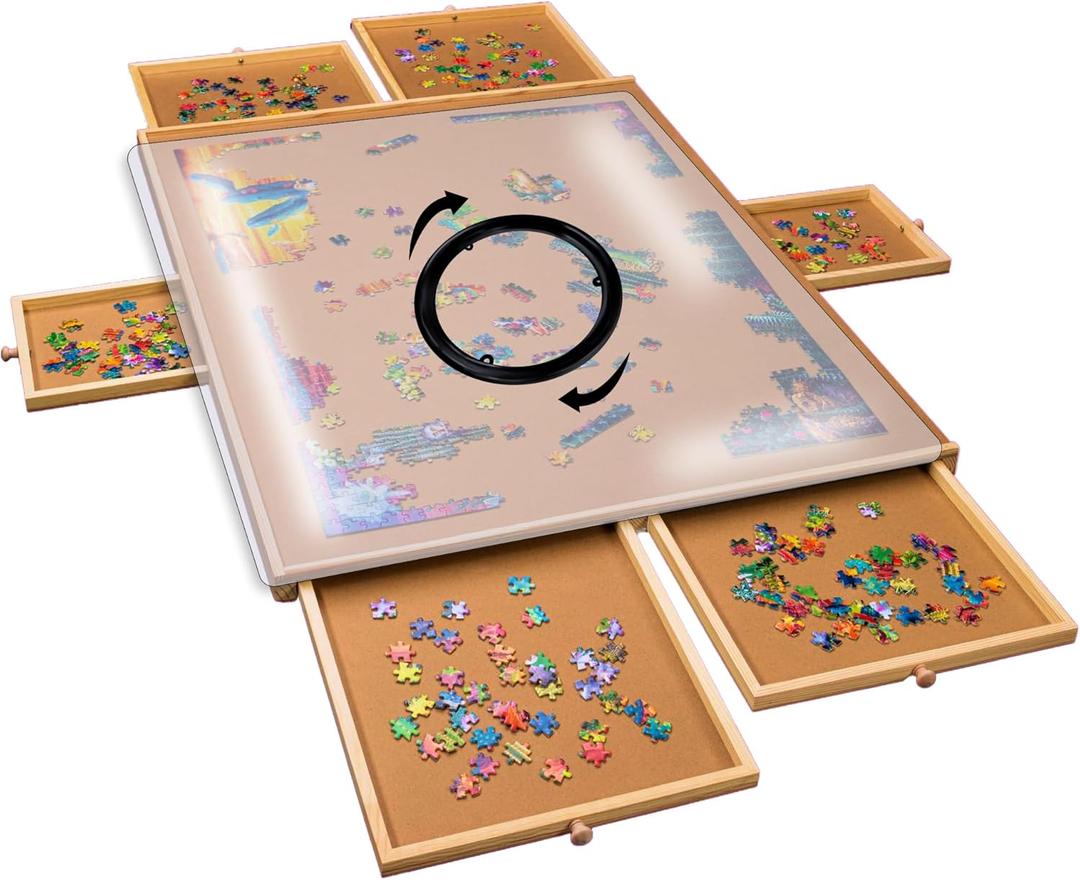 Gondola 2000 Piece Rotating Puzzle Board with Drawers and Cover, Portable Wooden Jigsaw Puzzle Table with 6 Drawers & Lazy Susan, Puzzles Keeper Tray, Jig Saw Puzzle Storage Accessories, Game Table