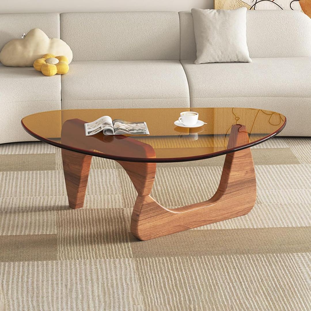 Mid-Century Modern Coffee Table - Triangle Glass Top Natural Wood Base Triangle Coffee Table for Living Room Patio Office Abstract End Tables (Large 45 * 32.3 * 15.7, Walnut/Brown)